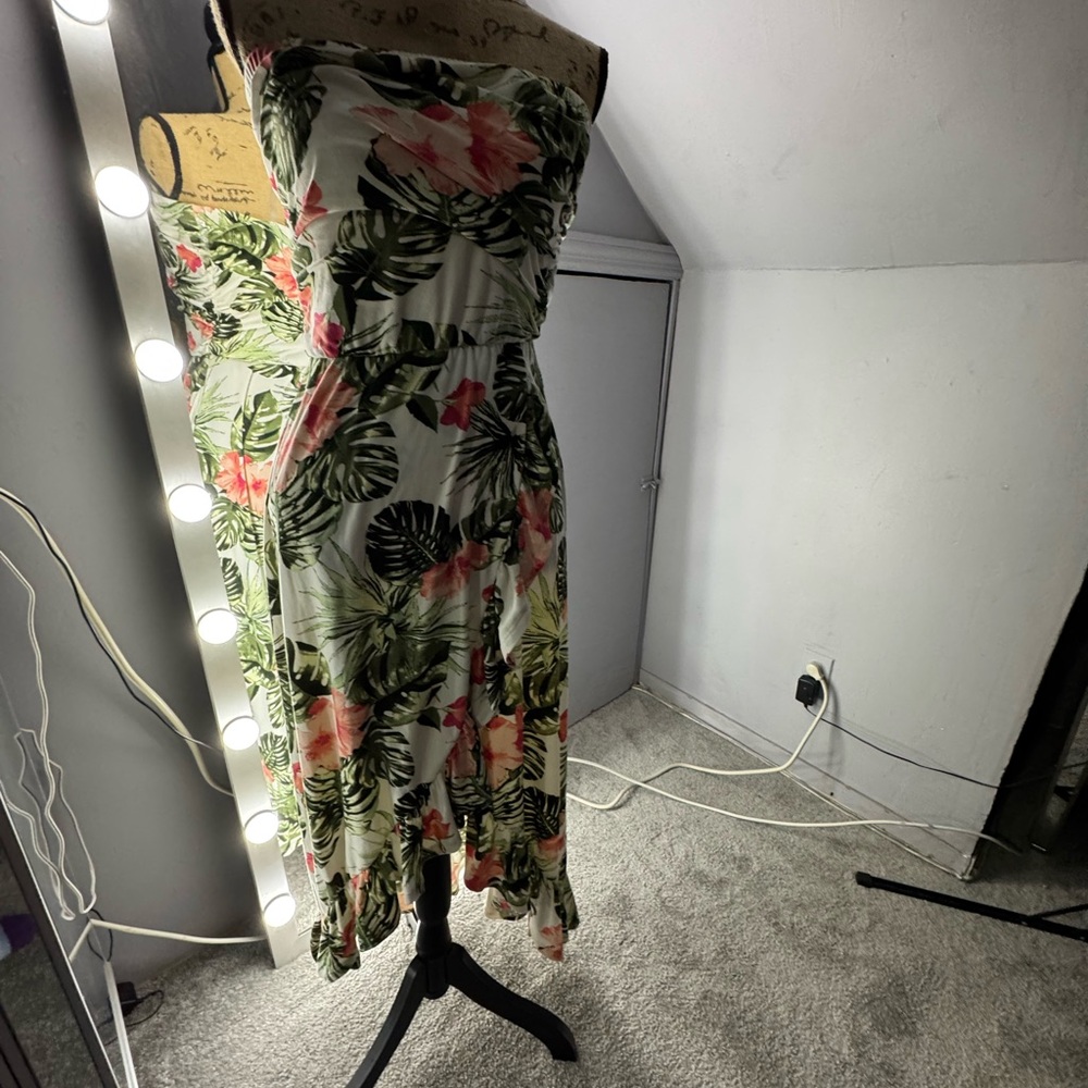 Floral Strapless Dress - Green and Pink